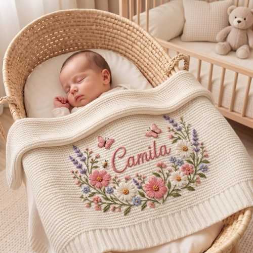 Personalized Knit Wildflower Baby Blanket Name, Custom Embroidered Butterfly Baby Shower Gift, Gift for Baby Girl, Welcome Baby Blanket