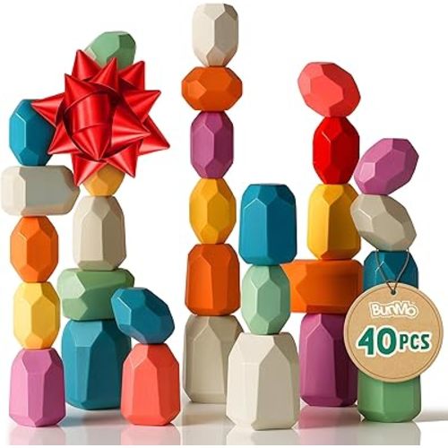 BUNMO 40pcs Wooden Stacking Toys - Montessori Educational Blocks for Toddlers, Non-Toxic, Safe, and Durable for Kids’ Creative Play and Learning