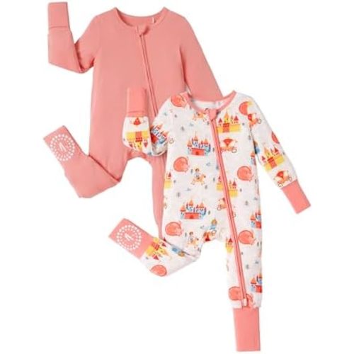 PATPAT Baby Footie Romper, Viscose from Bamboo, Long Sleeve, 2-Way Zipper, Fold-Over Mittens, Cuffs & Anti-Slip Grips