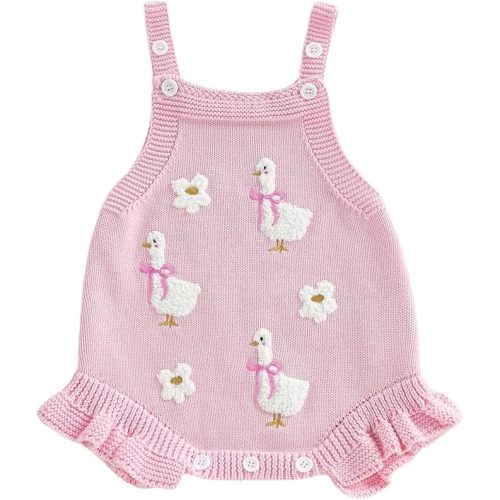 Infant Baby Girl Outfit Goose Floral Embroidery Sleeveless Crochet Knit Sweater Romper Bodysuit Toddler Spring Clothes