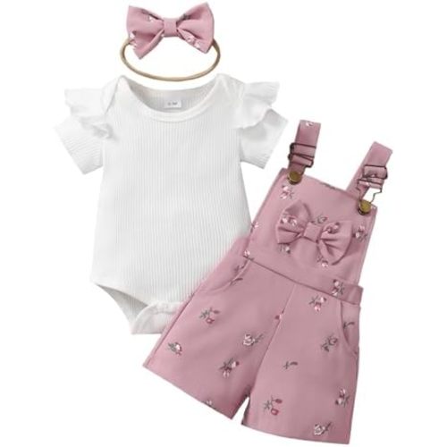 Newborn Baby Girl Summer Outfit Short Sleeve Ribbed Romper Suspender Overalls Shorts Set Infant Cute Clothes