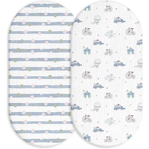 Muslin Bassinet Fitted Sheets 2 Pack, Soft Breathable Cotton Baby Bassinet Mattress Sheet Set, 360° Elastic Snug Fit, Universal for Oval, Rectangle (Cute Cars, Bassinet Sheets 2 Pack)