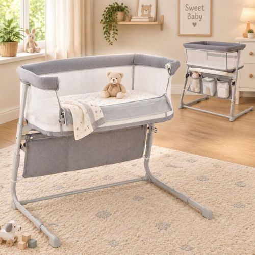 Baby Bedside Bassinet Crib with Adjustable Height and Breathable Mesh Sides for Newborn, Gray