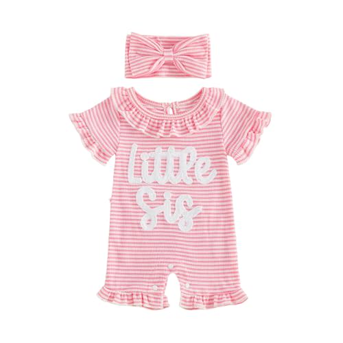 allshope Newborn Baby Girl Summer Outfit Romper Little Sister Lil Sis Embroidery Ruffle Collar Jumpsuit Infant Waffle Clothes