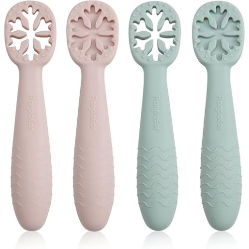 PandaEar Snowflake Design Baby Spoon Set (4 Pack)|BPA Free Stage One Silicone Self Feeding Utensil| Baby Led Weaning| Kids Toddlers 6 Months+ (Pink/Green)