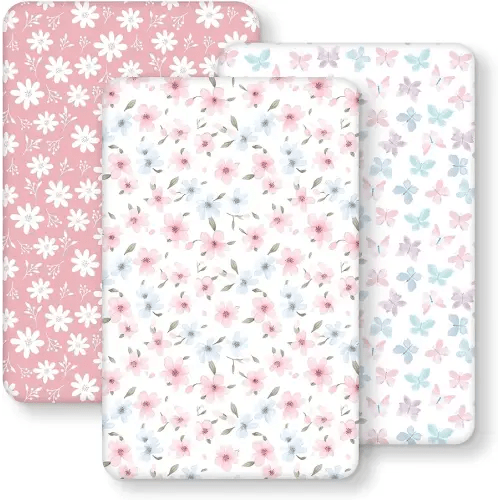 Baby Bedside Bassinet Sheets Girl, 33”x20” Compatible with Baby Delight Dream On Me & Most Rectangle Bedside Sleeper Bassinet Mattress, Super Soft Microfiber Pink Butterfly Flower