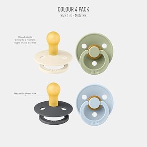 Amazon.com : BIBS Colour Soother 4-Pack | BPA Free Dummy Pacifier | Round Nipple | Natural Rubber Latex | Made in Denmark | Size 0-6 Months | Iron Mix : Baby