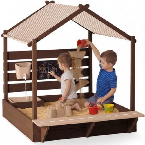 Best Choice Products Deluxe Wooden Sandbox with Canopy, Water Table, Bench Seat, Outdoor Kids Playset - Beige