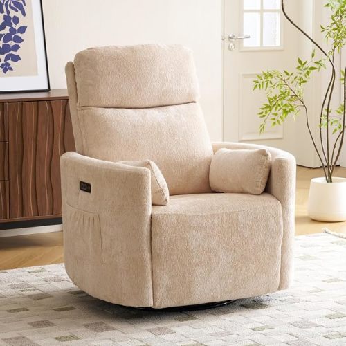 Oversized Power Recliner with Massage and Heat, Swivel Rocker Recliner with Adjustable Headrest, Glider Recliner Nursery Chair with 2 Pillows, Rocking Nursery Recliner for Living Room，Beige