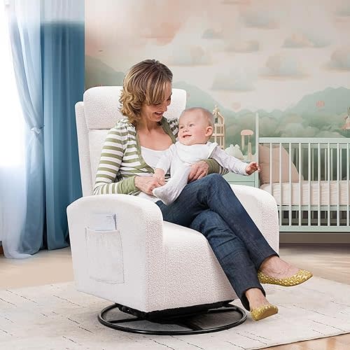 Glider Rocking Chair Nursery, 360° Teddy Swivel Rocker Chair for Nursery, Upholstered Glider Nursing Chair with High Back and Side Pocket, Swivel Armchair for Living Room, Bedroom, White