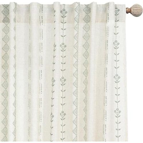 Sage Green Vintage Floral Linen Curtains for Living Room, French Country Patterned Whimsy Boho Farmhouse Botanical Striped Print Cottage Core Curtains for Bedroom Decor 84 Inches Long