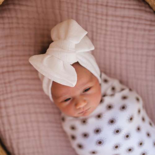 White Pointelle Baby Headband (Oversized Bow, Newborn)