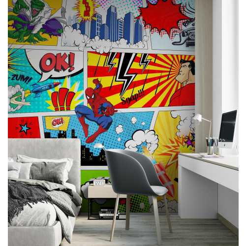 Comics Wallpaper Peel & Stick Vinyl, Collage Superhero Boys Room Colored Kids Bedroom Playroom Wallpaper, Removable Self Adhesive Wall Mural