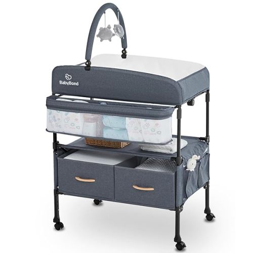 Portable Baby Changing Table with 2 Storage Baskets, BabyBond Foldable Changing Table Dresser Diaper Changing Table Height Adjustable Changing Station for Infant and Newborn(Grey)