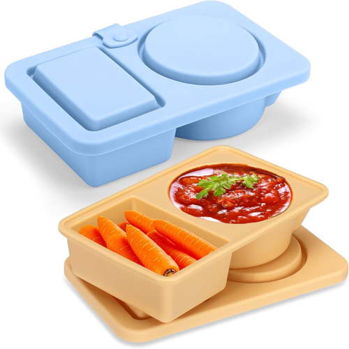 Reusable Snack Containers with Lids Silicone, 2Pack Double Compartment Snackle Box Container, Silicone Condiment Containers with Lids for Snack Sauce