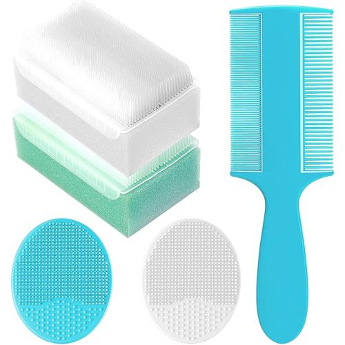 Cradle Cap Brush for Babies, Set of 5 Baby Bath Essentials with Bath Sponge Silicone Scrubber Long Handle Comb for Newborns Toddlers Boys Girls (Green)