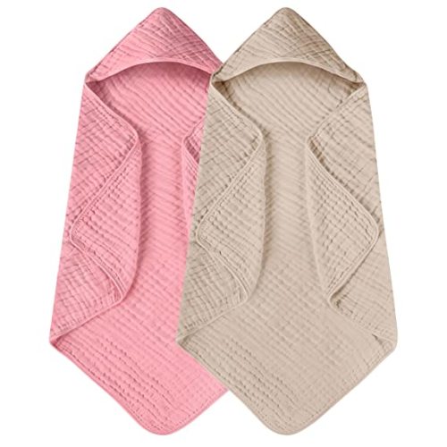 Yoofoss Hooded Baby Towels for Newborn 2 Pack 100% Muslin Organic Cotton Baby Bath Towel with Hood for Babies, Infant, Toddler and Kids, 32x32Inch, Soft and Absorbent Newborn Essential,Bge& Bean Paste