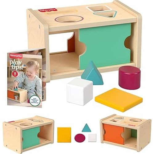 Fisher-Price Wood Montessori Toy Object Permanence Box Sort & Find, American Montessori Society Seal of Excellence, Wooden Shape-Sorter Learning Activity for Baby Ages 1+ Years​ (Amazon Exclusive)