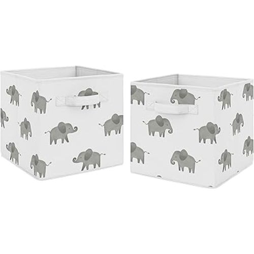 Sweet Jojo Designs Grey and White Watercolor Elephant Safari Organizer Storage Bins for Collection - Set of 2