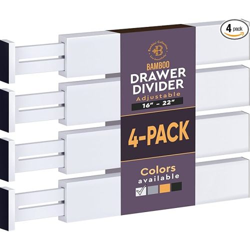 4-Pack Drawer Dividers - 2.6 Inches High, Adjustable 16 to 22 Inches Bamboo Drawer Organizer, Large Expandable Separator for Clothes, Dresser, Bedroom, Bathroom, Baby, Office, Kitchen Utensils, White