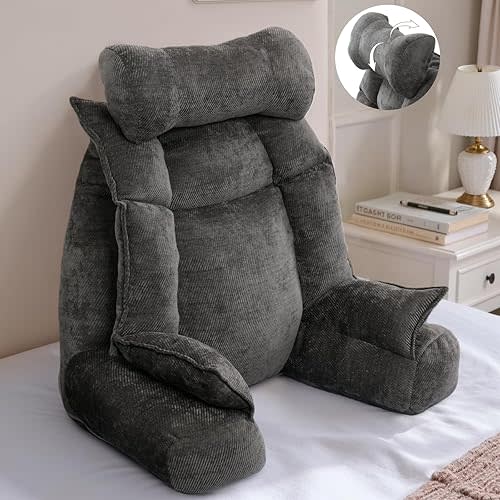 Reading Pillow, Back Pillow for Bed Sitting Up, Reading Pillow for Bed, Adjustable Beds Backrest, Wedge with Arms, Removable Cover, Backrest Cushion for Reclining, Gaming, Resting, In Couch or Floor