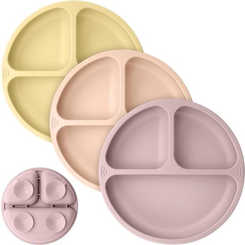 KeaBabies Suction Plates for Baby, Toddler - 3-Pack 100% Silicone Toddler Plates, Divided Baby Plates with Suction, Silicone Plates for Baby, Kids, BPA-Free, Microwave, Dishwasher Safe (Dusk)