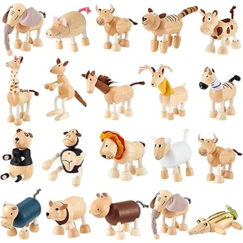 Wettarn 20 Pcs Bendable Wooden Animal Toys Flexible Animal Toys Zoo Safari Jungle Figurines Smooth Natural Farm Animals for Preschool Learning Education Gift for Christmas (Lovely Style)