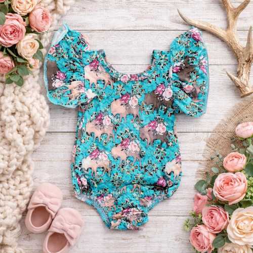 Baby Girl Western Romper | Turquoise Floral Horse Bodysuit | Flutter Sleeve Baby Outfit | Rustic Cowgirl Baby Clothes | Infant One Piece