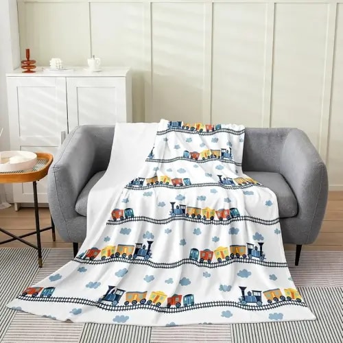 Erosebridal Train Fuzzy Blanket, Cartoon Smoking Engine Throw Blanket for Kids Boys, Construction Vehicles Fleece Blanket for Bed Sofa Couch, Railway Rail Ripple Plush Bed Blanket, Baby Size