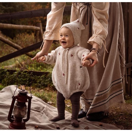 Mushroom Embroidered Baby Romper, Handmade Alpaca Wool Long Sleeve Outfit, Spring Baby Prop, Baby Shower Gift, Whimsical Woodland Outfit