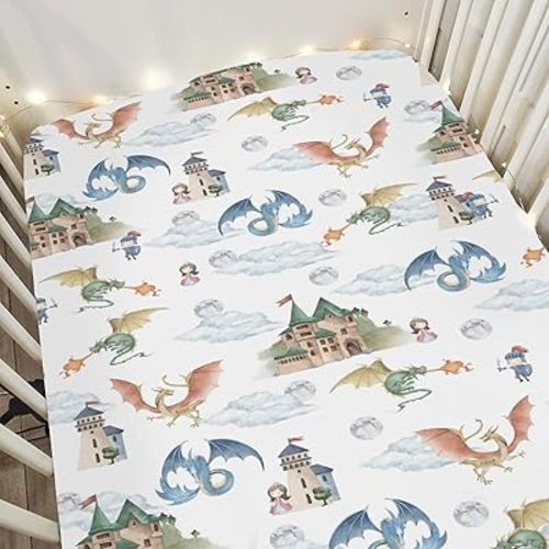 Fairytale Dragon and Knights Baby Crib Sheets for Boy Girl 52"x28" Fantasy Dragons Princess Castle Soft Snug Fitted Crib Mattress Cover Moon Clouds Baby Sheet for Standard Crib & Toddler Bed Mattress