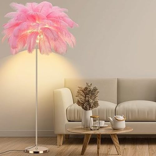 Feather Floor Lamp for Living Room, Fluffy Ostrich Feathers Lamp, Rose Gold Color Body, 3 Color Temperatures Modern Funky Arc Tall Standing Lamp for Bedroom Inclued Bright LED Bulbs (Pink)