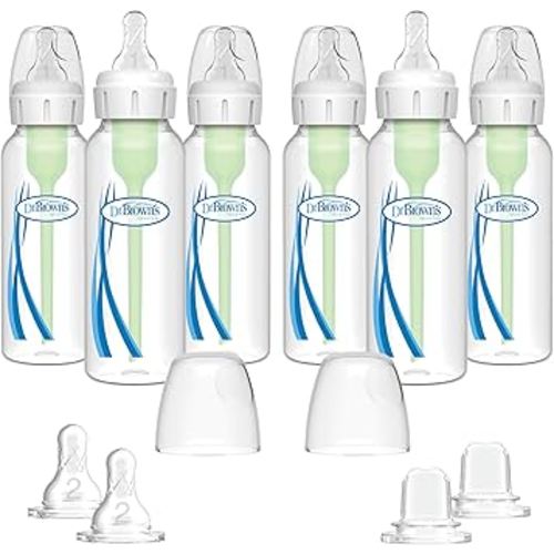 Dr. Brown's Options Plus Baby Bottles, 8 Ounce, 6 Count Plus 2 Bonus Level 2 Nipples and Sippy Spouts