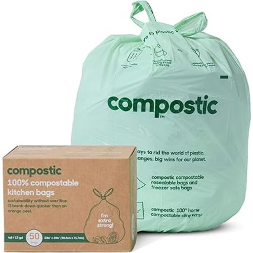 Compostic Home Compostable Trash Bags, 13 Gallon Tall Kitchen Rubbish Bags (23” x 29”), Extra Strong & Quickly Breaks Down, 50 Count