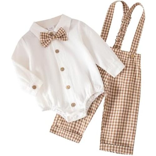 IWEMEK Baby Boy Formal Suit Set Toddler Boys Suspender Romper Bowtie Gingham Pants Newborn Birthday Party Cake Smash Clothes