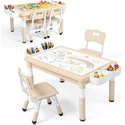 Kinder King Kids Table & 2 Chairs Set, Height Adjustable Children Activity Table w/Storage, Graffiti & Building Blocks Tabletop, Toddler Furniture Set for Classroom, Daycare, Home, Age 3+, Khaki