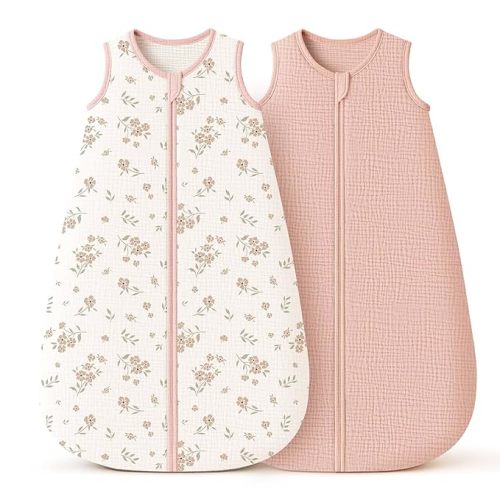 Konssy Muslin Baby Sleep Sack 0-6 Months 0.8 TOG, 2 Pack 100% Cotton Wearable Blanket for Babies, 2-Way Zipper Breathable Sleeping Sack Infant Toddler Essentials for Girls and Boys (Blossom, Pink)