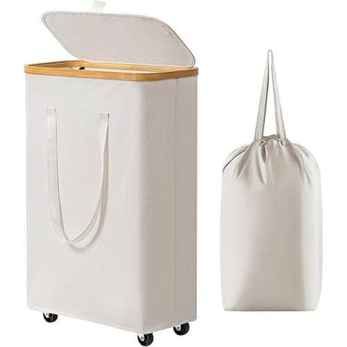 Chirslley 60L Slim Laundry Basket with Wheels,Narrow Laundry Hamper with Lid and Removable Liner Bag, Foldable Clothes Hamper Organizer with Bamboo Handles for Bathroom, Dorm, Bedroom, Beige