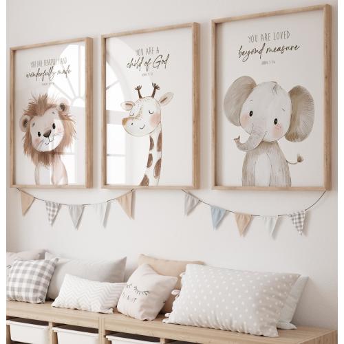 Safari Animal Bible Verse Nursery Art, Christian Nursery Decor, Nursery Scripture Art Prints, Gender Neutral Nursery, Jungle Nursery Art