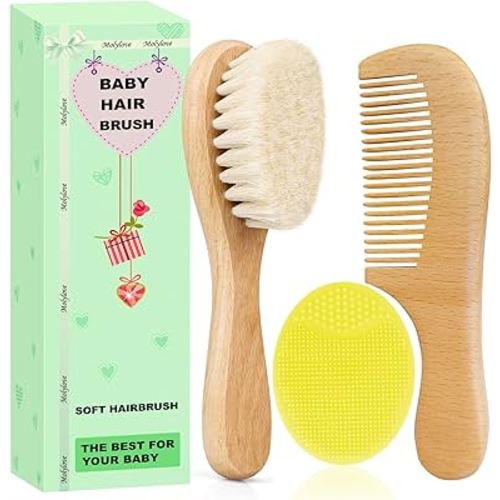 Baby Hair Brush with Wooden Handle and Comb Set for Newborns & Toddlers | Natural Soft Goat Bristles l Wood comb l Yellow Silicone Brush| Ideal for Cradle Cap (3PCS)