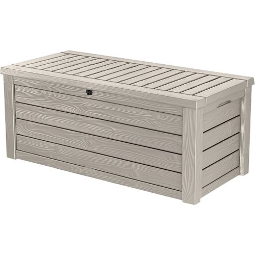 Keter Westwood 150 Gal Outdoor Storage Box for Patio and Pool Accessories | Beige, Resin, Large, Weatherproof, Lockable, Hydraulic Pistons, Easy Assembly, Organization, Patio Cushions Storage