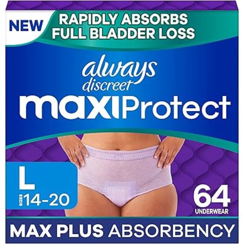 Always Discreet MaxiProtect Adult Diapers for Women, Incontinence Underwear, Postpartum Essentials, Bladder Leak Protection, Disposable Briefs, Maximum Plus Absorbency, Size L, 64 Count