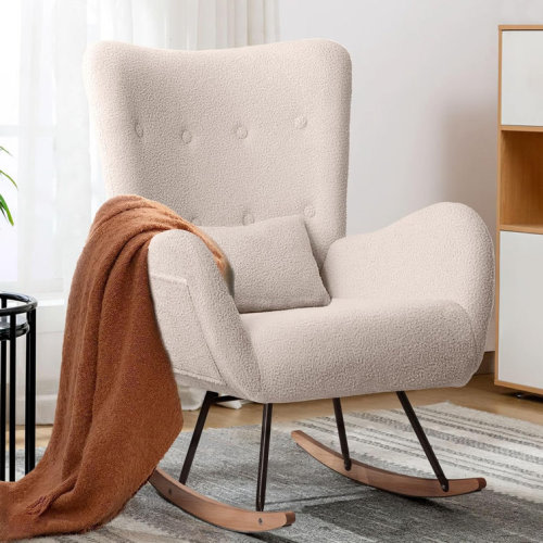 Kahmar Teddy Fabric Nursery Rocking Chair with Side Pocket, High Backrest Indoor Accent Chair