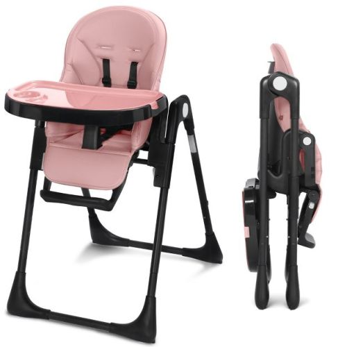 Kinder King Foldable High Chair for Baby, Toddler Feeding Chair with Detachable Double Trays, Pink & Black
