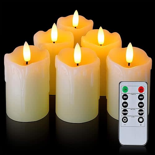 Homemory Flameless Votive Candles Pillar Candles, 6 Pack Battery Operated, Real Wax, Realistic Black Wick, 2" x 3", with Timer Remote, for Wedding, Party and Holiday Decoration
