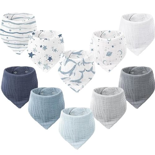 Konssy Muslin Baby Bibs 10 Pack Baby Bandana Drool Bibs 100% Cotton for Unisex Boys and Girls, Soft Absorbent Set for Teething and Drooling