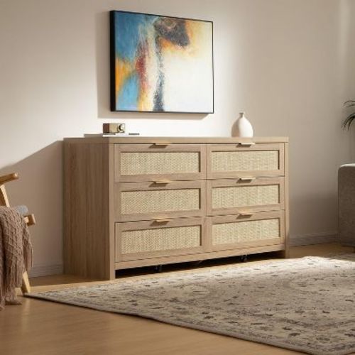 Rattan Dresser for Bedroom, 57" Wide 6 Drawer Dresser with Ample Storage, Dressers Large Chest of Drawers, Closet, Boho TV Stand for Bedroom