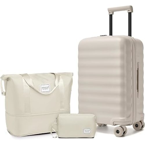 Luggage Sets 3 Piece, Carry On Luggage 22x14x9 Airline Approve PC Hardside Suitcase Set with Wheels TSA Lock, Durable Carry-On Suitcase with Duffel Bag for Women (Oysters)