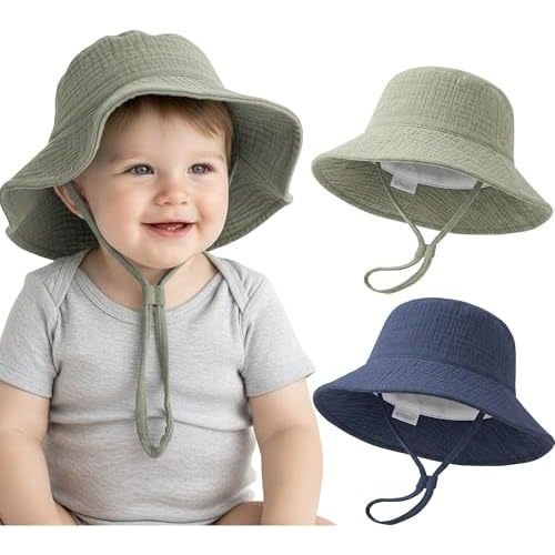 Konssy Muslin Baby Boy Sun Hat 2-Pack, Infant Sun Hat with Wide Brim, UPF 50+ Baby Beach Hat for 0-6 Months