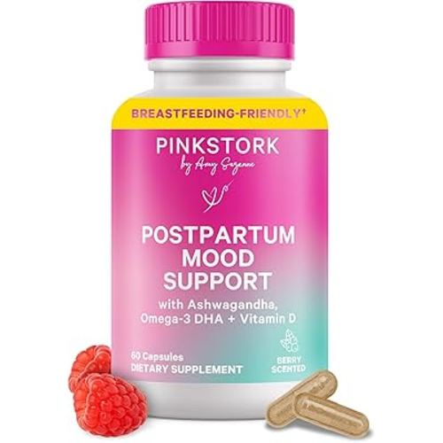Pink Stork Postpartum Mood Support - Postnatal Hormone Balance for Women - Breastfeeding Friendly - Stress & Cognitive Support, New Mom Essentials - Ashwagandha, Chamomile, & Vitamin D, 60 Capsules